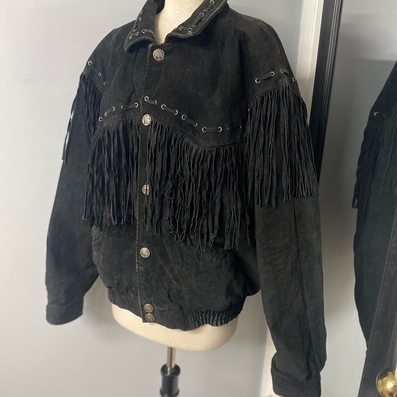 VNTG WILSON BLACK FRINGE WESTERN LEATHER JACKET W/SILVER INDIAN HEAD SNAP BUTTON - Picture 2 of 16